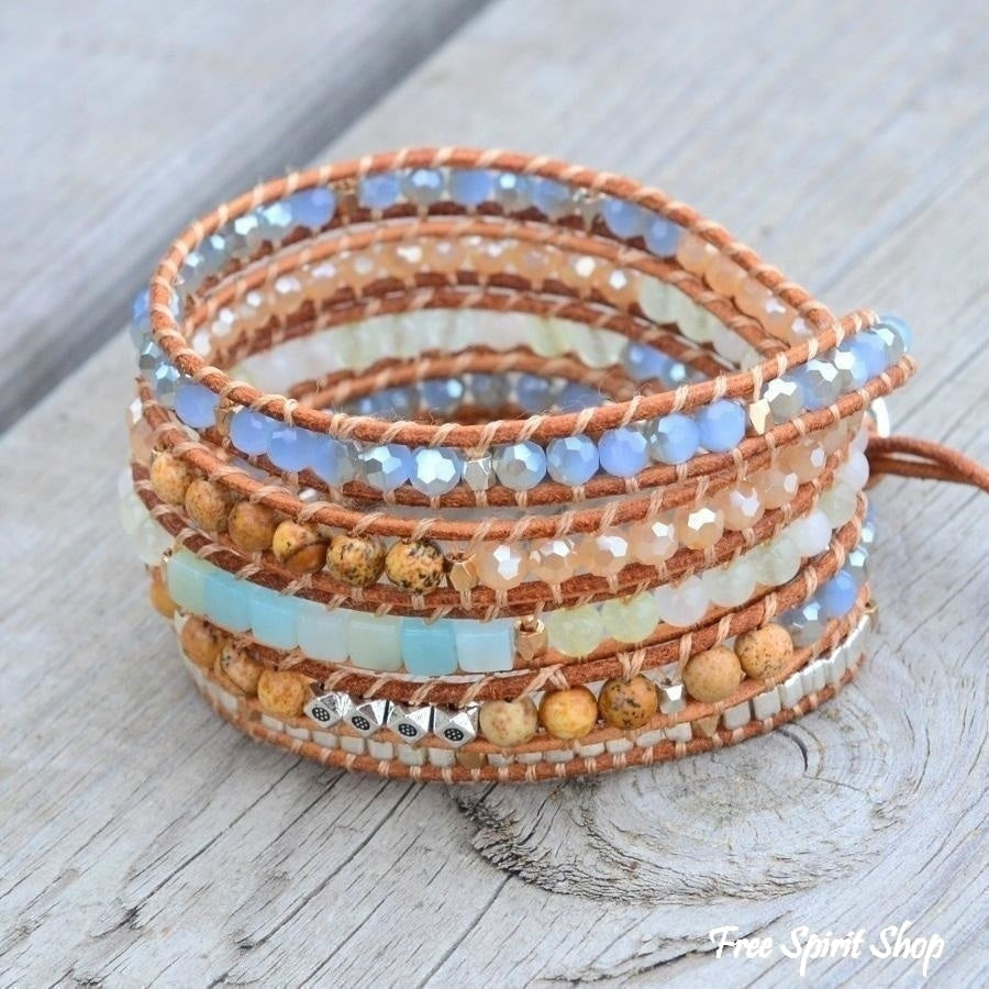 Natural Amazonite & Jasper Leather Wrap Bracelet - Free Spirit Shop