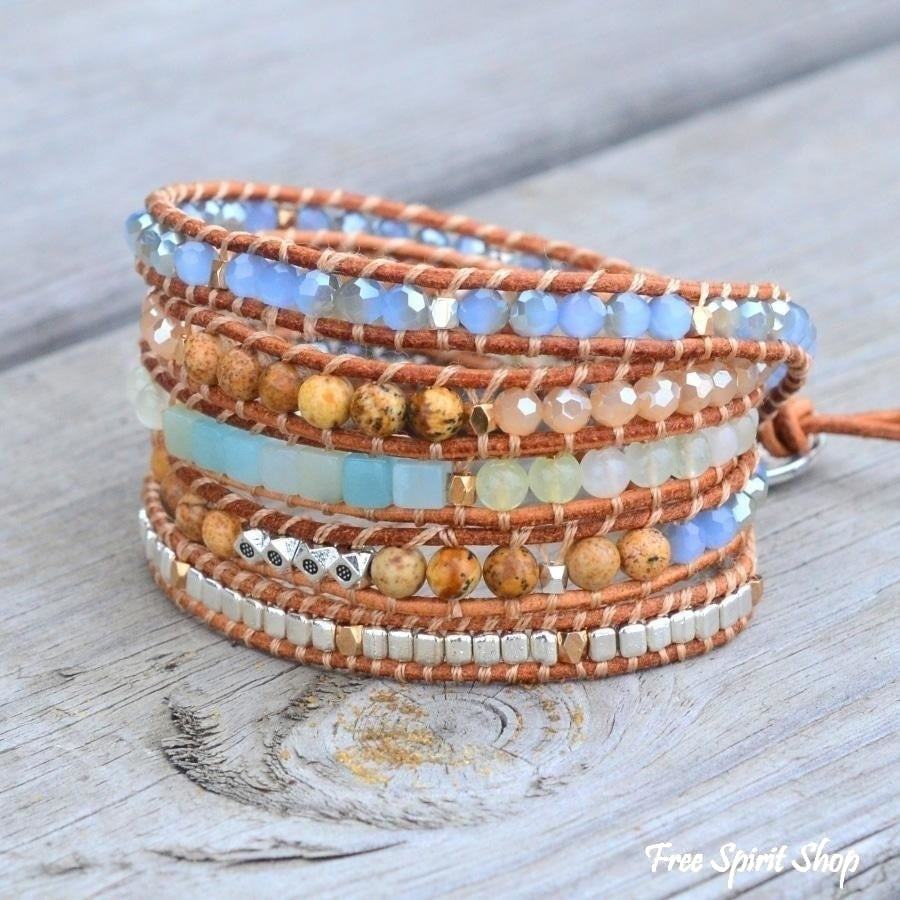 Natural Amazonite & Jasper Leather Wrap Bracelet - Free Spirit Shop