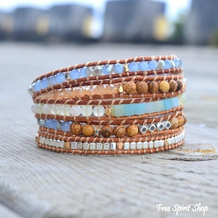 Natural Amazonite & Jasper Leather Wrap Bracelet - Free Spirit Shop