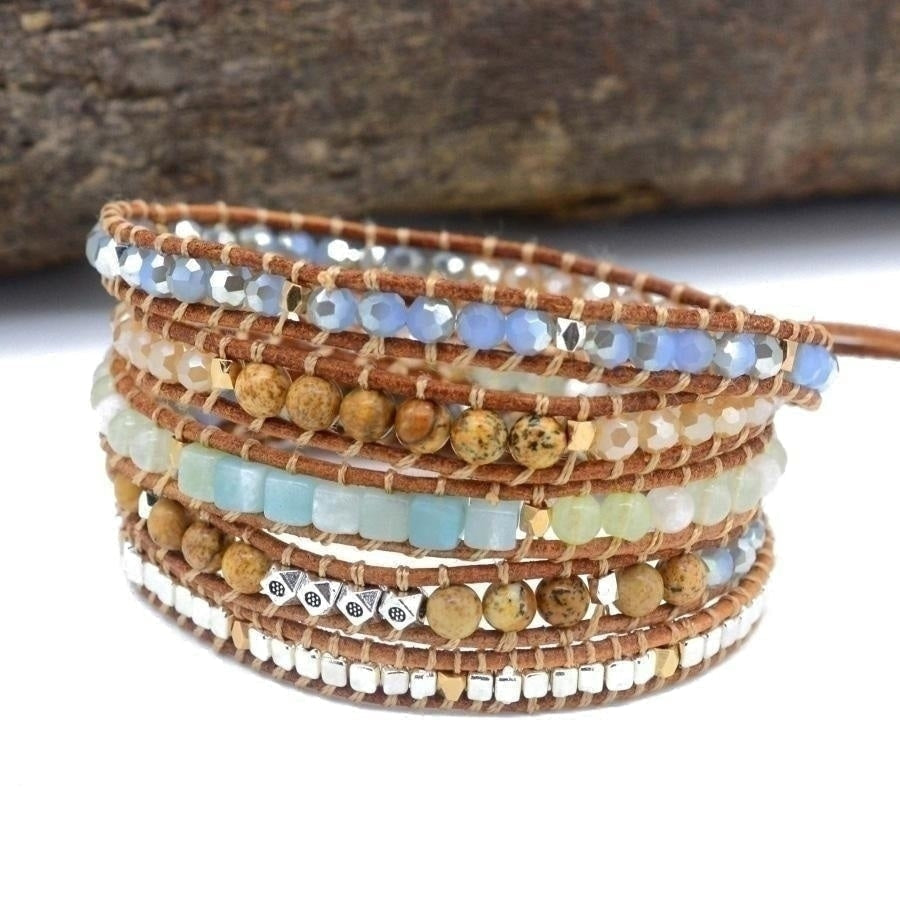 Natural Amazonite & Jasper Leather Wrap Bracelet - Free Spirit Shop