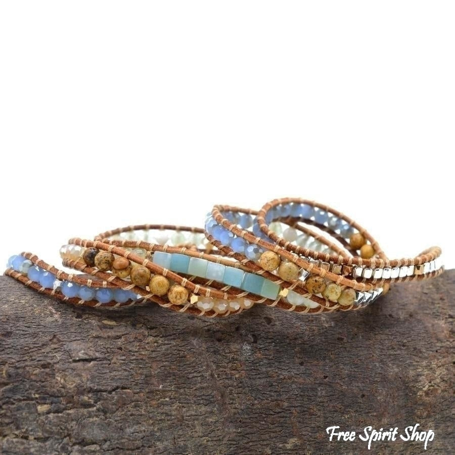 Natural Amazonite & Jasper Leather Wrap Bracelet - Free Spirit Shop