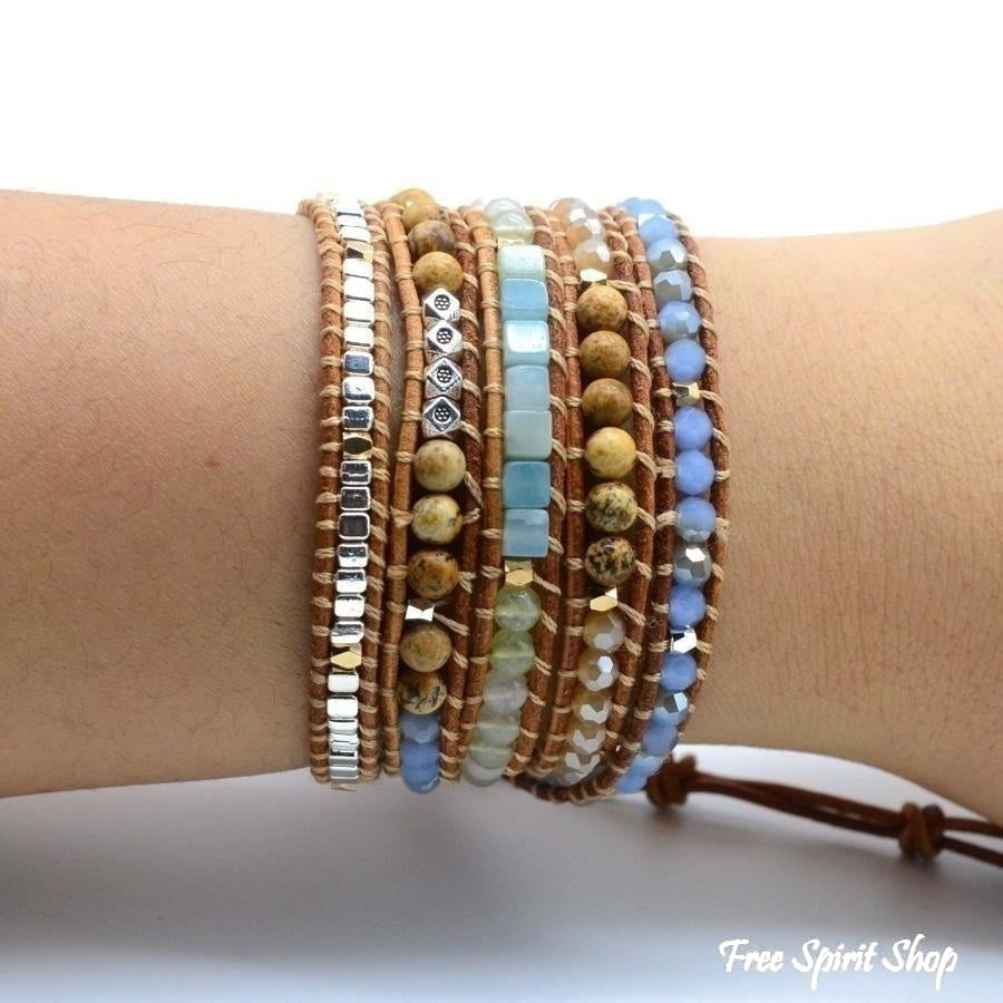 Natural Amazonite & Jasper Leather Wrap Bracelet - Free Spirit Shop