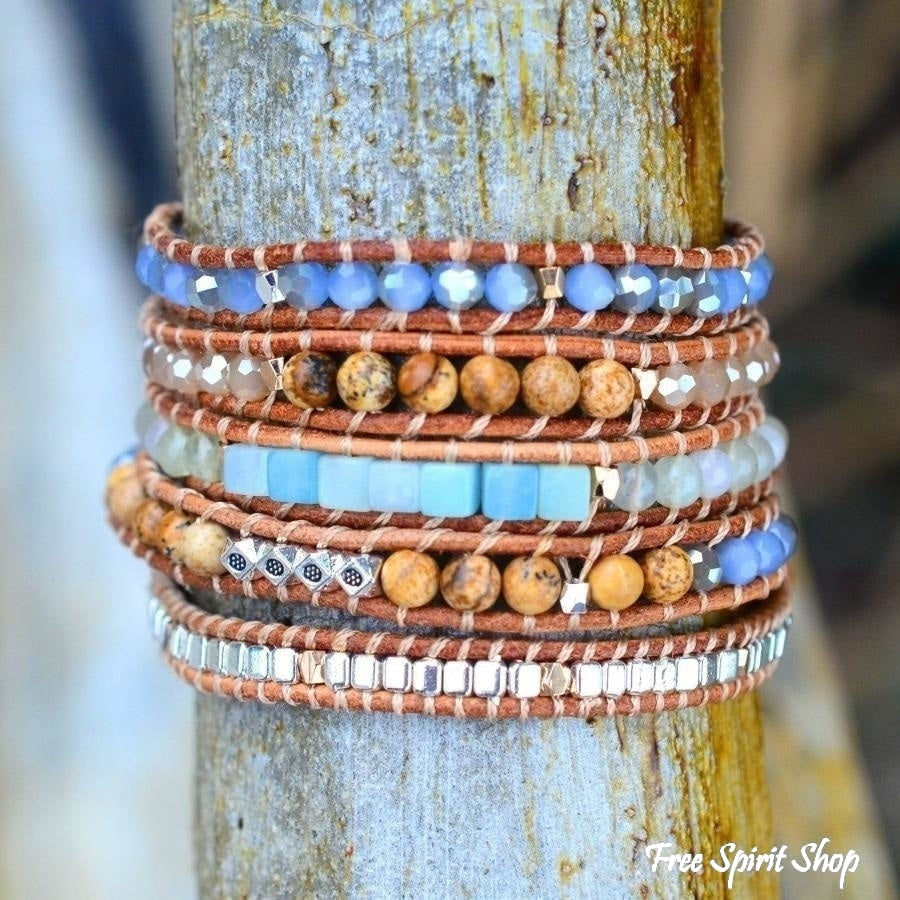 Natural Amazonite & Jasper Leather Wrap Bracelet - Free Spirit Shop