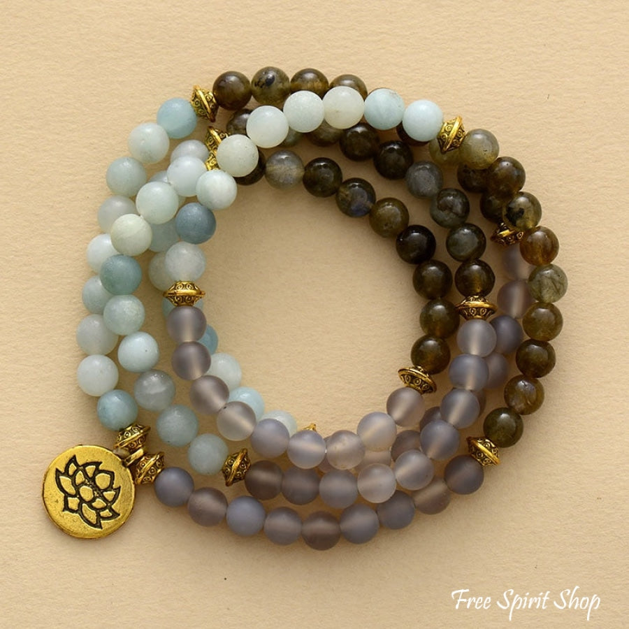 Natural Amazonite & Matte Grey Agate Bead Bracelet - Free Spirit Shop