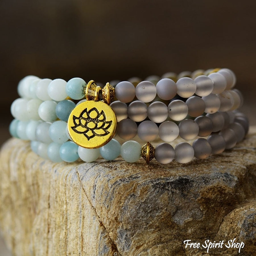 Natural Amazonite & Matte Grey Agate Bead Bracelet - Free Spirit Shop