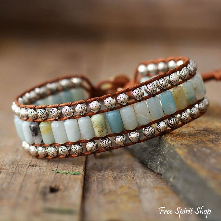 Natural Amazonite & Tibetan Bead Wrap Bracelet - Free Spirit Shop
