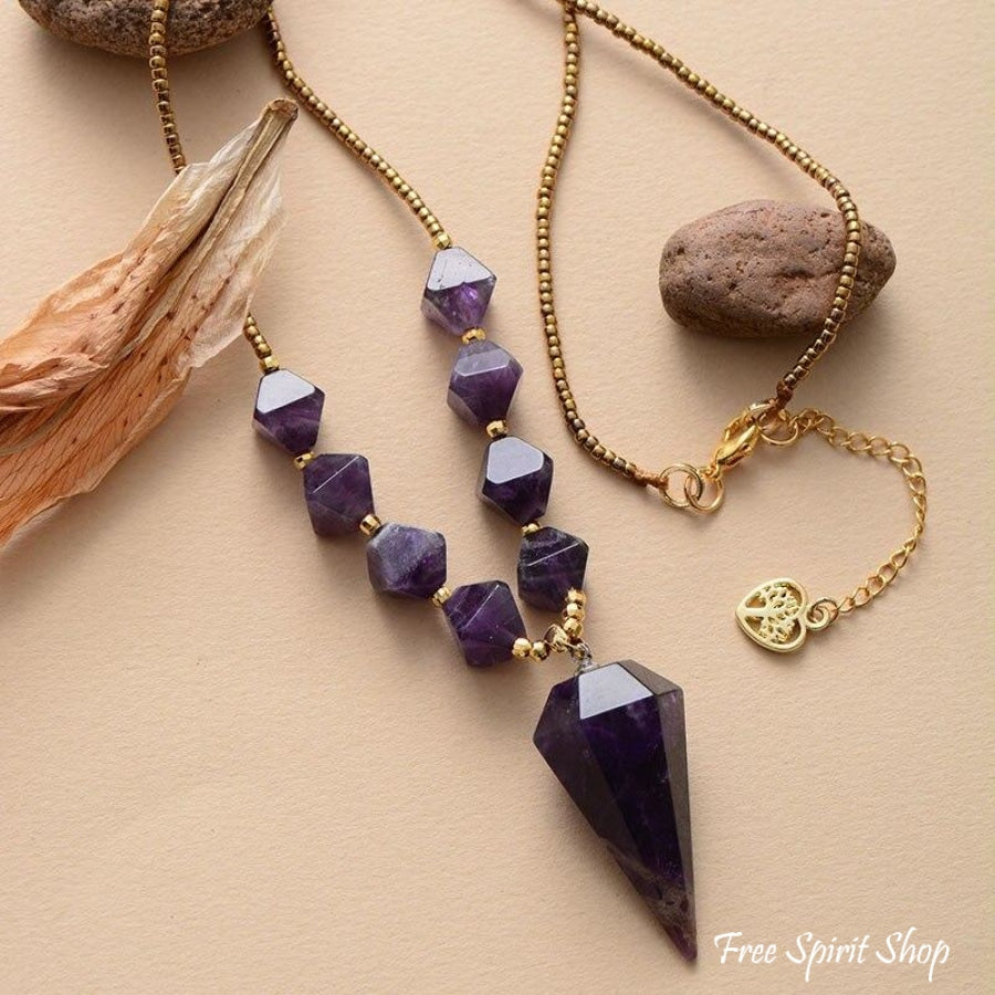 Natural Amethyst Diamond Shaped Pendant Necklace - Free Spirit Shop