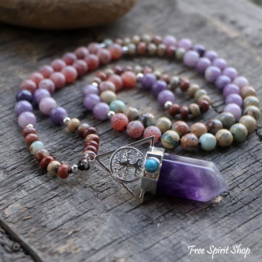 Natural Amethyst Crystal Healing Point Pendant - 18K White Gold Plated, 18" Necklace Included