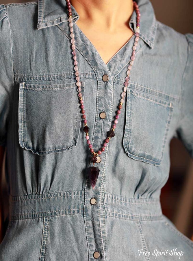 Natural Amethyst & Purple Jasper Beaded Necklace - Free Spirit Shop