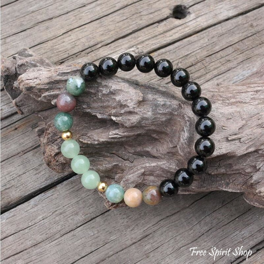 Natural Black Onyx, Indian Agate & Green Aventurine Bead Bracelet - Free Spirit Shop