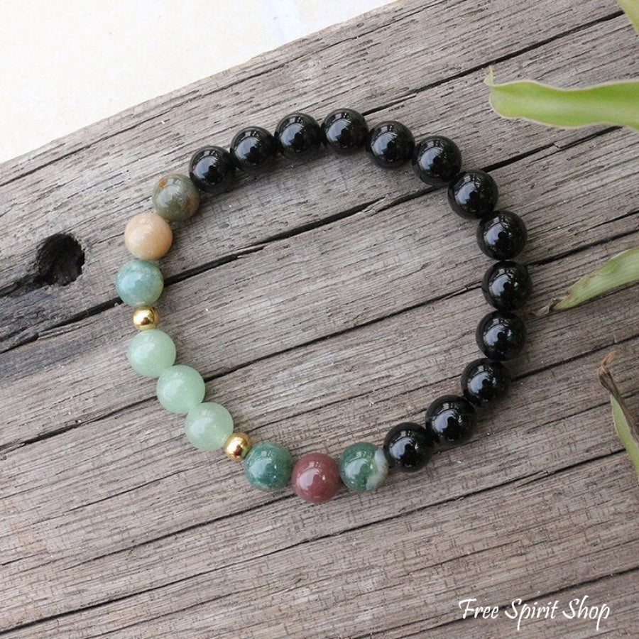 Natural Black Onyx, Indian Agate & Green Aventurine Bead Bracelet - Free Spirit Shop