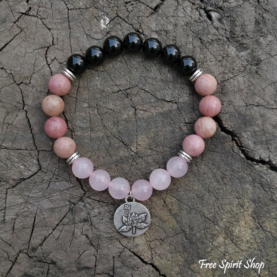 Natural Black Onyx Rhodonite & Rose Quartz Mala Beads - Free Spirit Shop