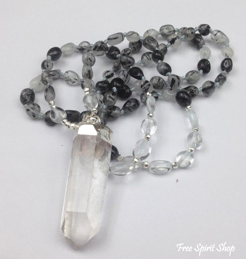Natural Black Rutilated Quartz & Clear Quartz Mala Bead Necklace - Free Spirit Shop