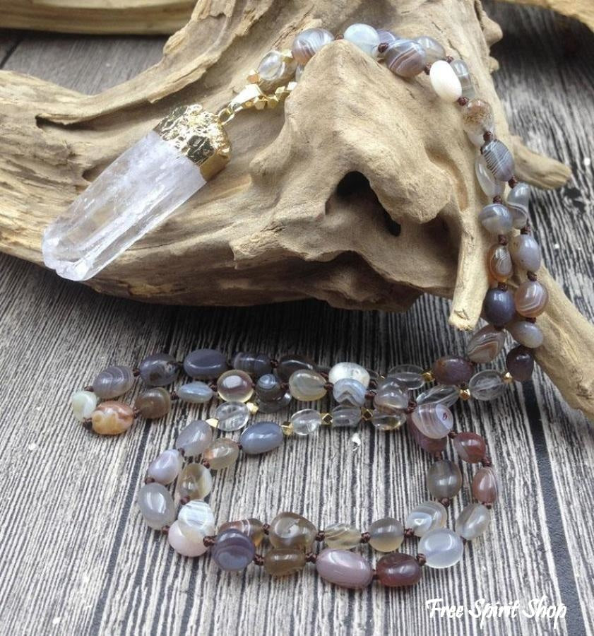 Natural Botswana Agate & Clear Quartz Necklace - Free Spirit Shop