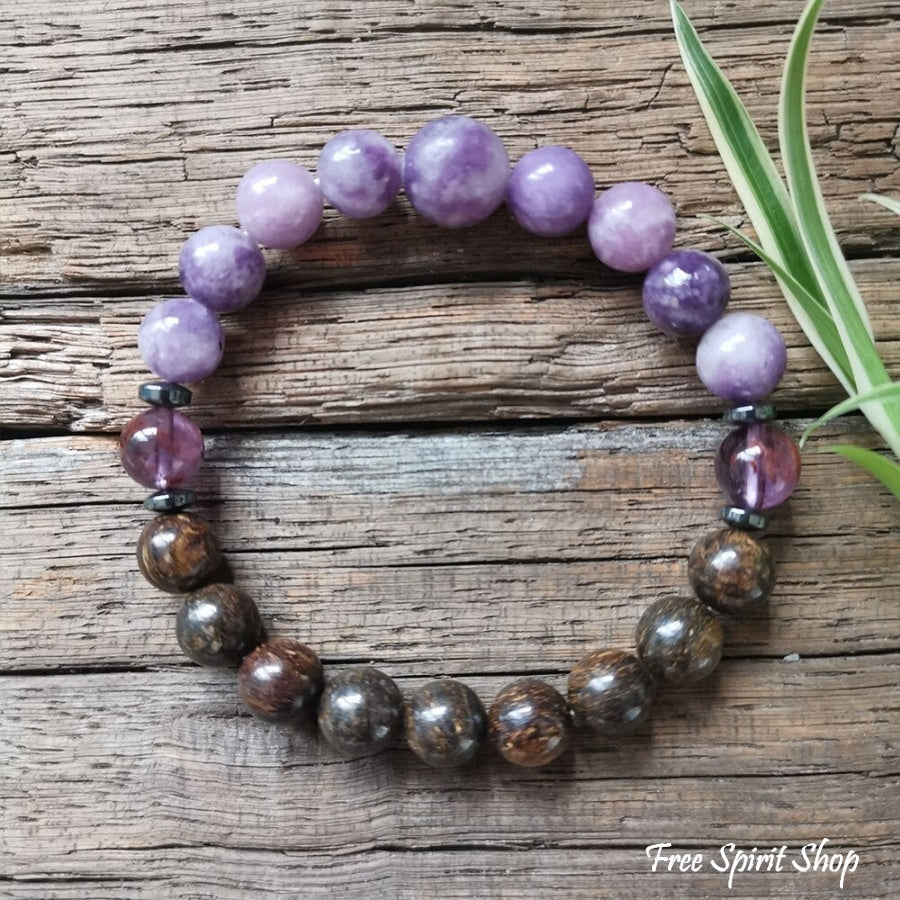 Natural Bronzite & Purple Lepidolite Bead Bracelet - Free Spirit Shop