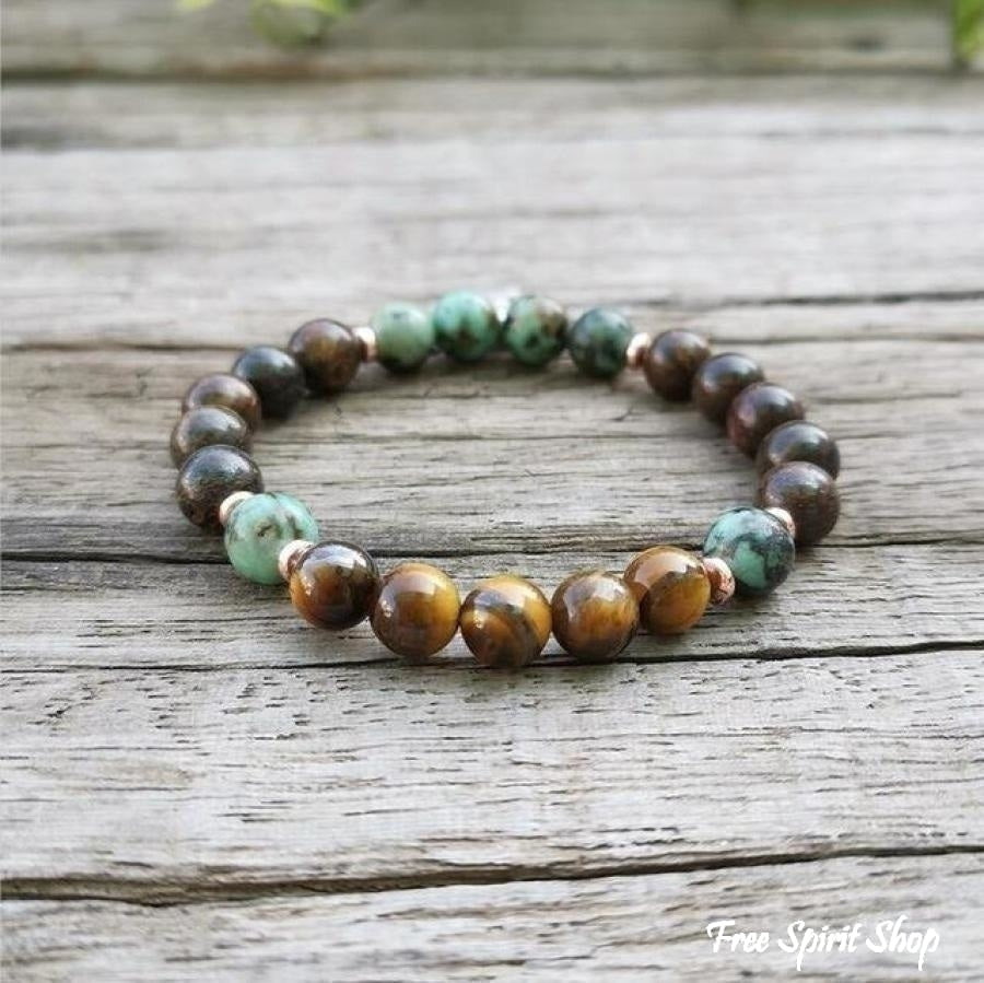 Natural Bronzite Tiger Eye & African Turquoise Bead Bracelet - Free Spirit Shop