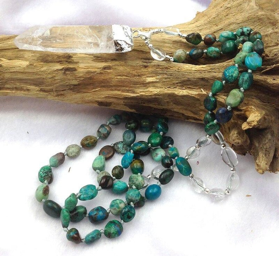 Natural Clear Quartz Crystal & African Turquoise Gemstone Bead Necklace - Free Spirit Shop