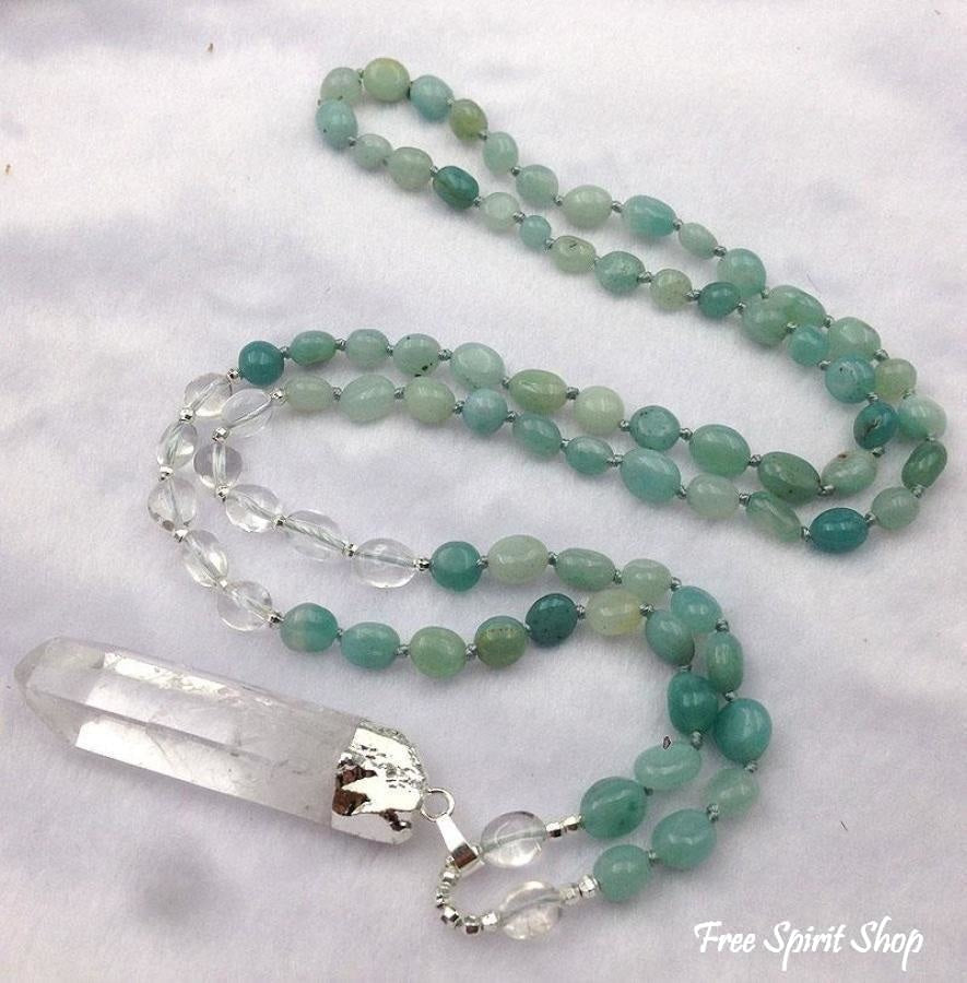 Natural Clear Quartz Crystal & Amazonite Gemstone Bead Necklace - Free Spirit Shop