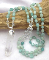 Natural Clear Quartz Crystal & Amazonite Gemstone Bead Necklace - Free Spirit Shop