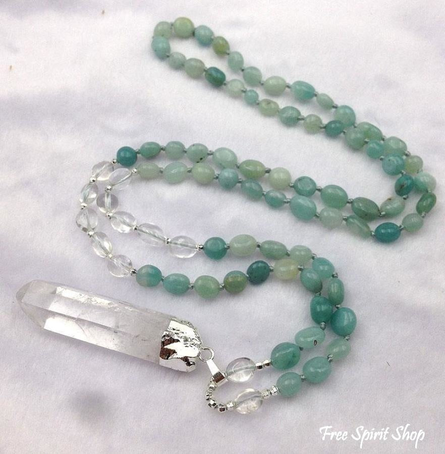 Natural Clear Quartz Crystal & Amazonite Gemstone Bead Necklace - Free Spirit Shop