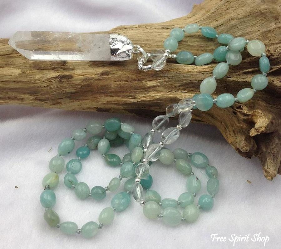 Natural Clear Quartz Crystal & Amazonite Gemstone Bead Necklace - Free Spirit Shop