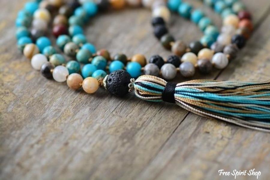 Natural Earth & Sea Mix Gemstone Mala Bead Necklace - Free Spirit Shop