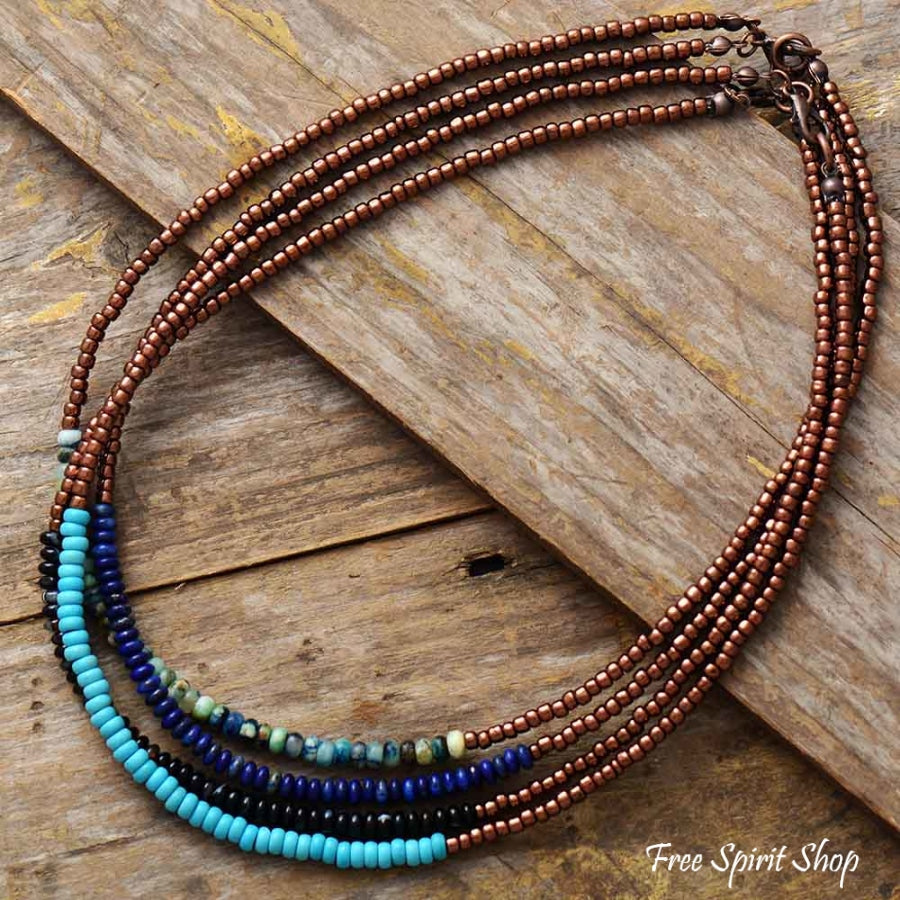 Natural Gemstone & Seed Bead Choker Necklaces