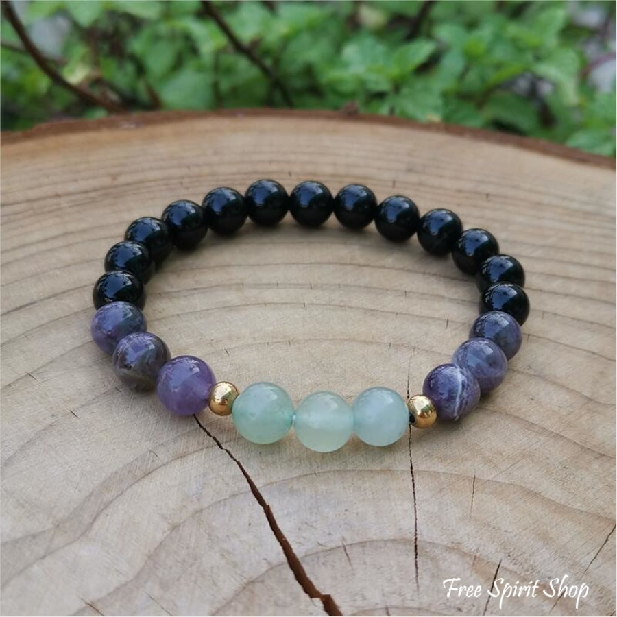 Natural Green Aventurine Amethyst & Black Onyx Bead Bracelet - Free Spirit Shop