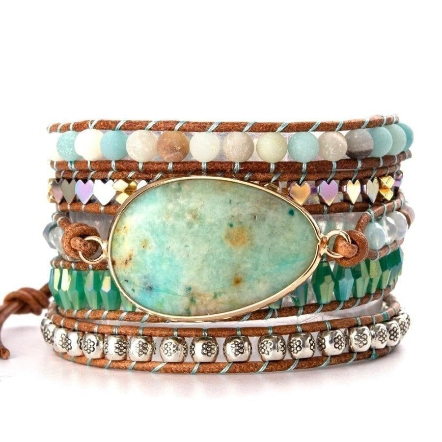 Natural Green Jade & Amazonite Bead Wrap Bracelet - Free Spirit Shop