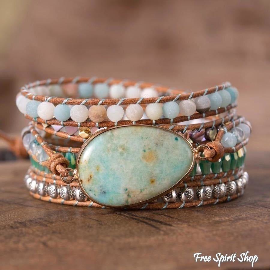 Natural Green Jade & Amazonite Bead Wrap Bracelet - Free Spirit Shop