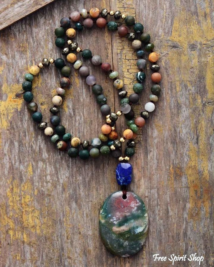 Natural Green Onyx Indian Agate & Lapis Lazuli Beaded Necklace - Free Spirit Shop