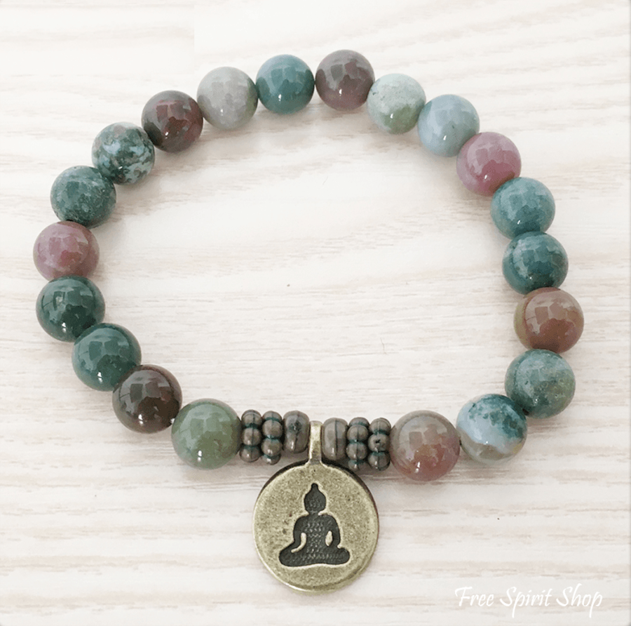 Natural Indian Agate Stone Buddha Mala Bead Bracelet - Free Spirit Shop
