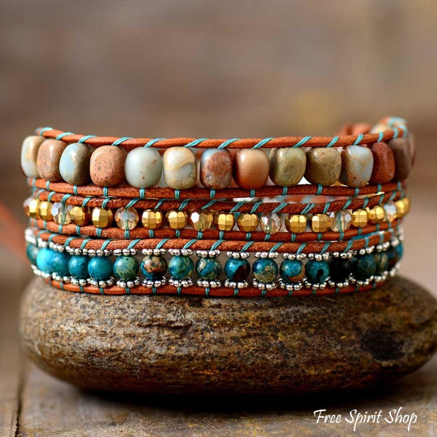 Natural King Jasper & Blue Jasper Wrap Bracelet - Free Spirit Shop