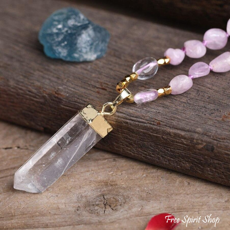 Natural Kunzite Crystal & Clear Quartz Beaded Necklace - Free Spirit Shop