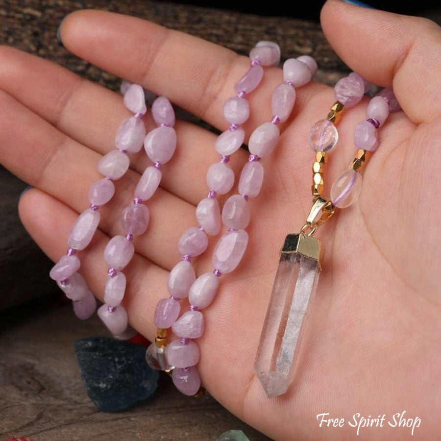 Natural Kunzite Crystal & Clear Quartz Beaded Necklace - Free Spirit Shop