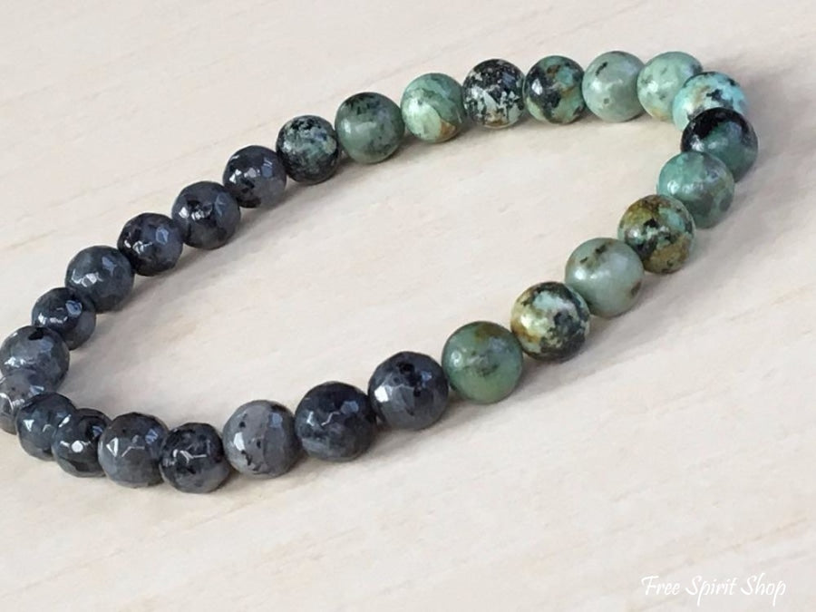 Natural Labradorite & African Turquoise Gemstone Bead Mala Bracelet - Free Spirit Shop