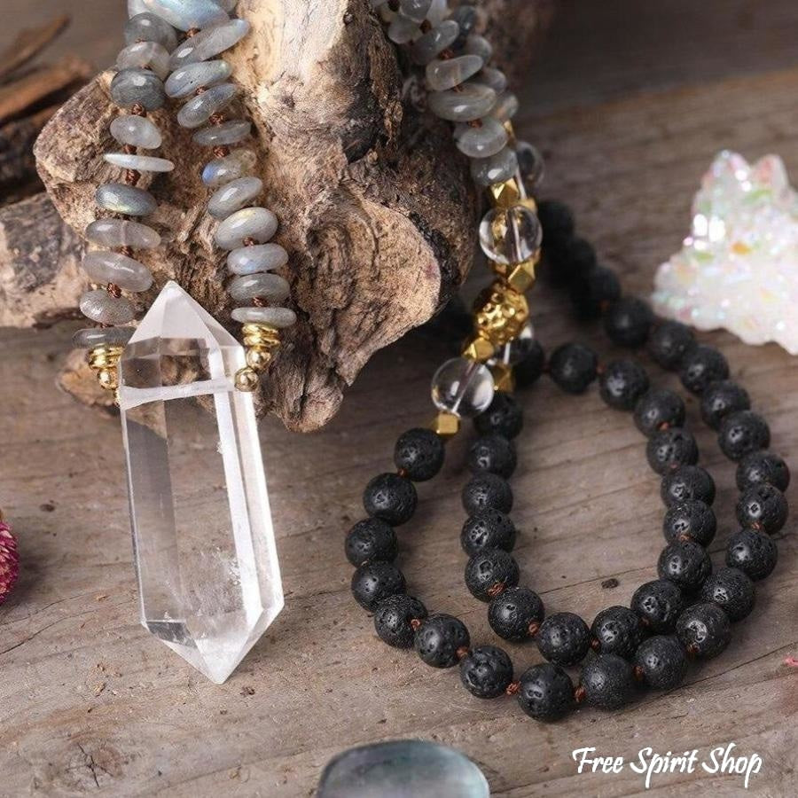 Natural Labradorite Black Lava Stones & Quartz Crystal Necklace - Free Spirit Shop