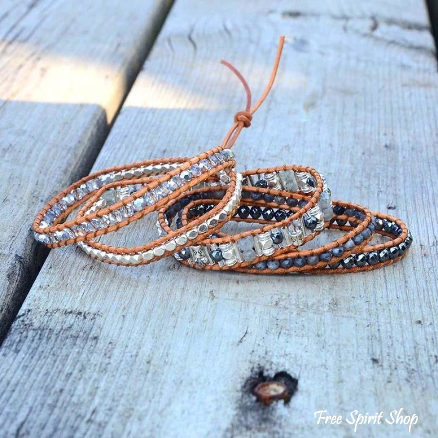 Natural Labradorite Stone Leather Wrap Bracelet - Free Spirit Shop