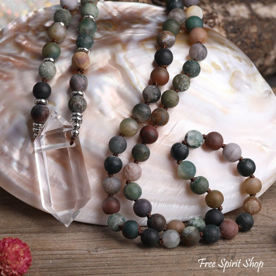 Natural Matte Indian Agate & Clear Quartz Crystal Beaded Necklace