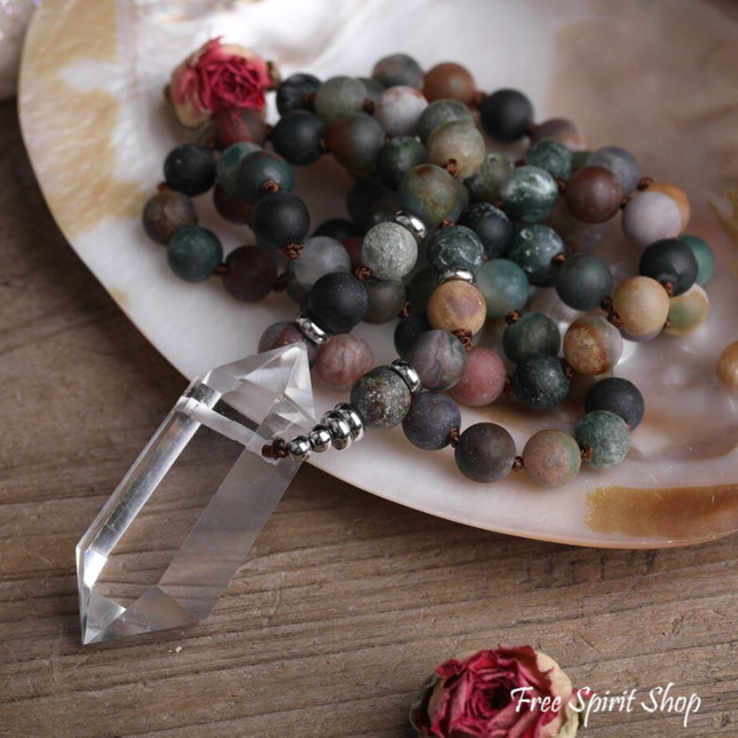 Natural Matte Indian Agate & Clear Quartz Crystal Beaded Necklace - Free Spirit Shop