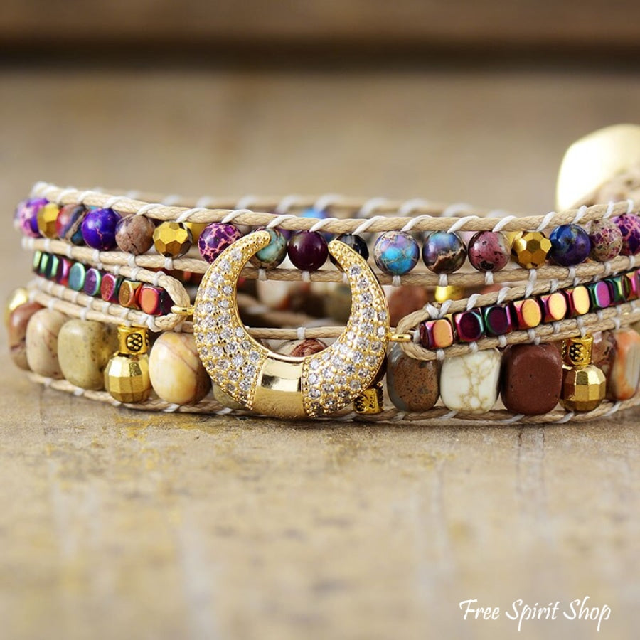 Natural Picture Jasper & Purple Jasper Crescent Horn Beaded Wrap Bracelet - Free Spirit Shop