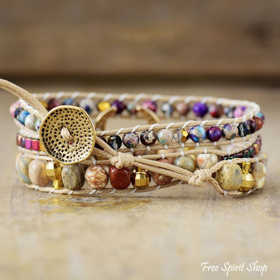 Natural Picture Jasper & Purple Jasper Crescent Horn Beaded Wrap Bracelet - Free Spirit Shop