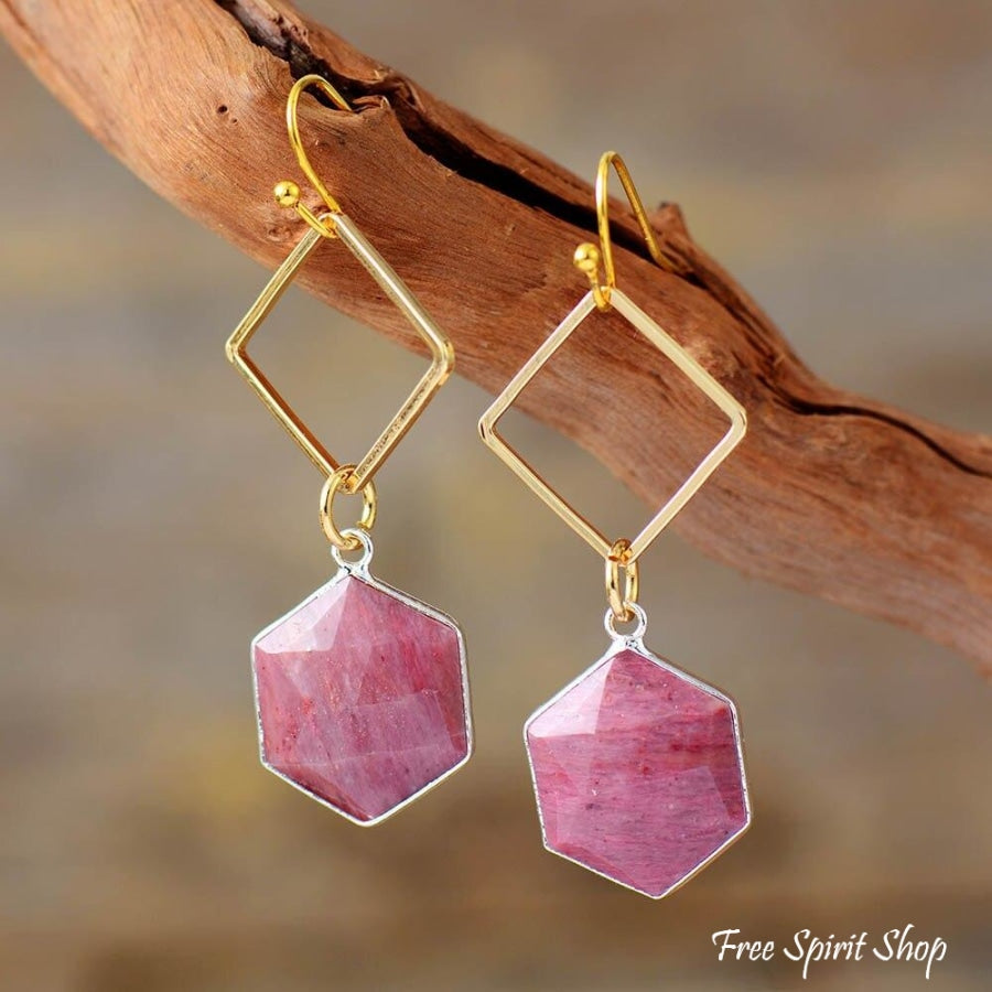 Natural Pink Rhodonite Losange Earrings - Free Spirit Shop