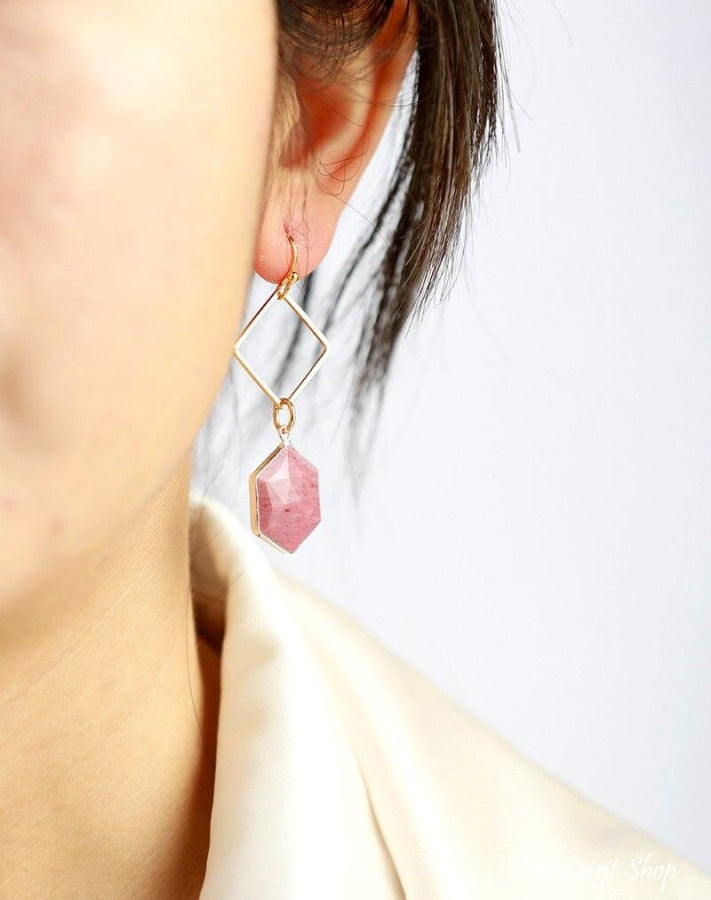 Natural Pink Rhodonite Losange Earrings - Free Spirit Shop