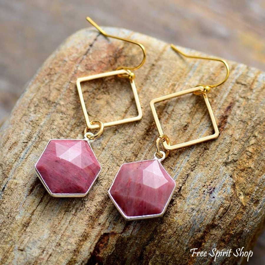Natural Pink Rhodonite Losange Earrings - Free Spirit Shop