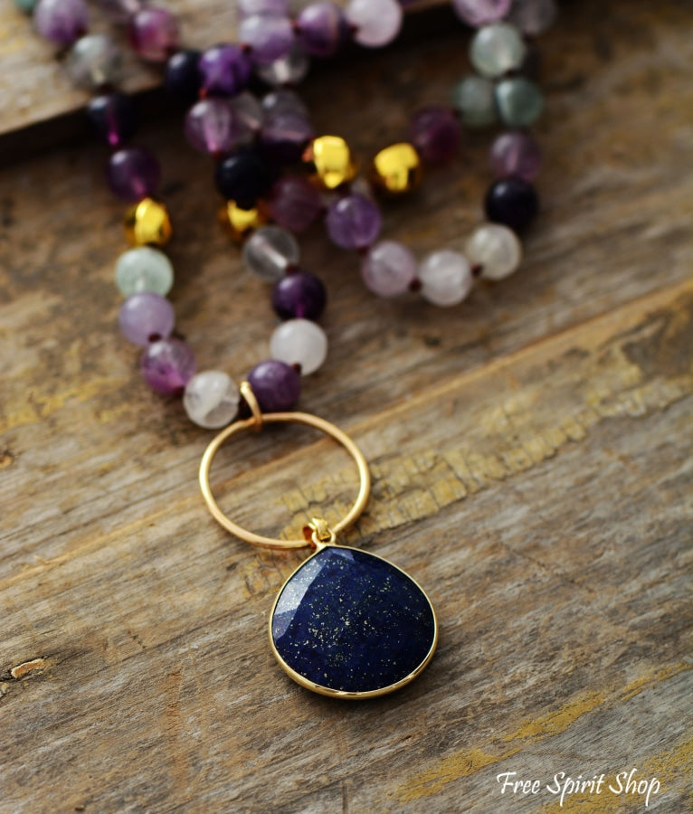 Natural Purple Fluorite & Amethyst With Lapis Pendant Necklace - Free Spirit Shop