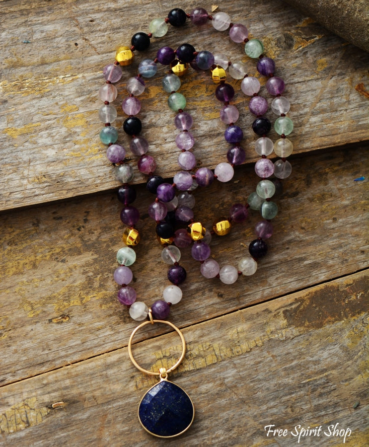 Natural Purple Fluorite & Amethyst With Lapis Pendant Necklace - Free Spirit Shop