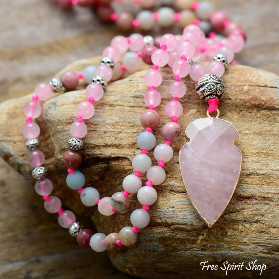 Natural Rhodonite Amazonite & Rose Quartz Arrowhead Beaded Necklace - Free Spirit Shop