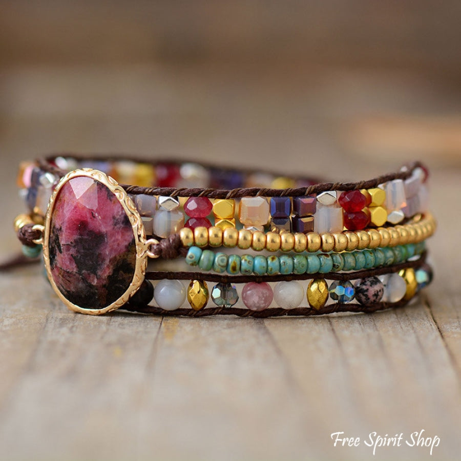 Natural Rhodonite & Mixed Beads Wrap Bracelet - Free Spirit Shop