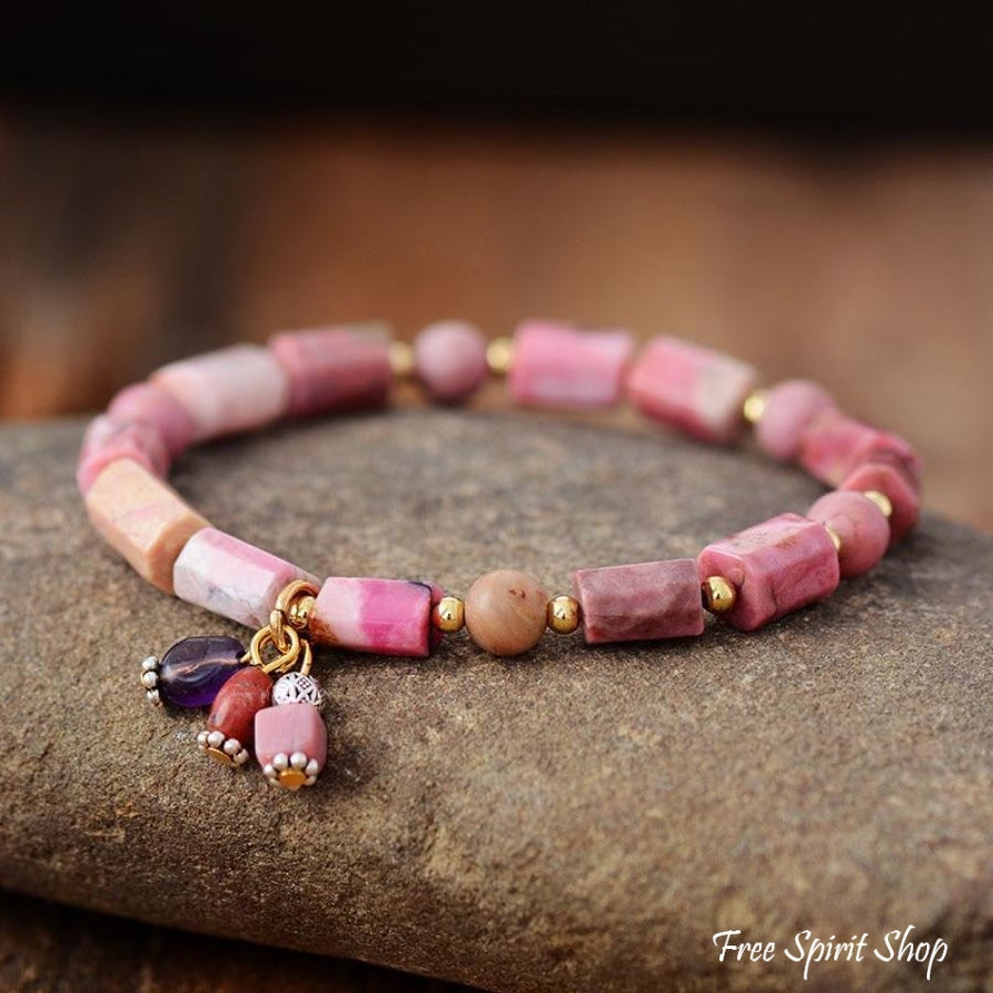 Natural Rhodonite Stone Tube Bead Bracelet - Free Spirit Shop